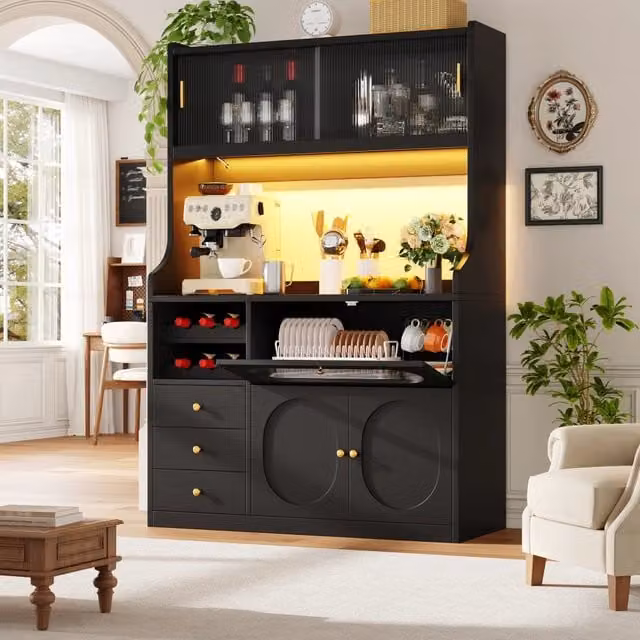 Mobile colonna da cucina con LED RGB app; vetrine scorrevoli; portabottiglie e 3 cassetti nero 120 × 40 × 180 cm