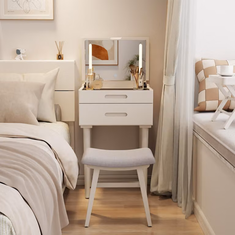 Comò da trucco in legno massello, con illuminazione a LED, 2 cassetti, colore bianco