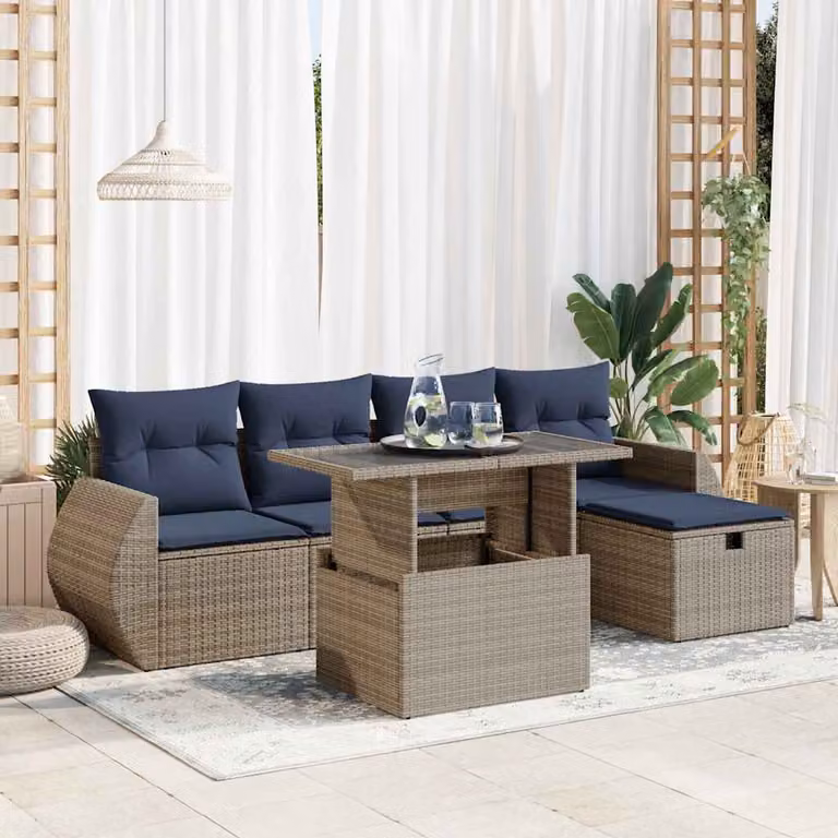 Set Divano da Giardino vidaXL 6 pz in Polyrattan e Acacia con Cuscini, Tavolino e Ottoman, Grigio e Blu