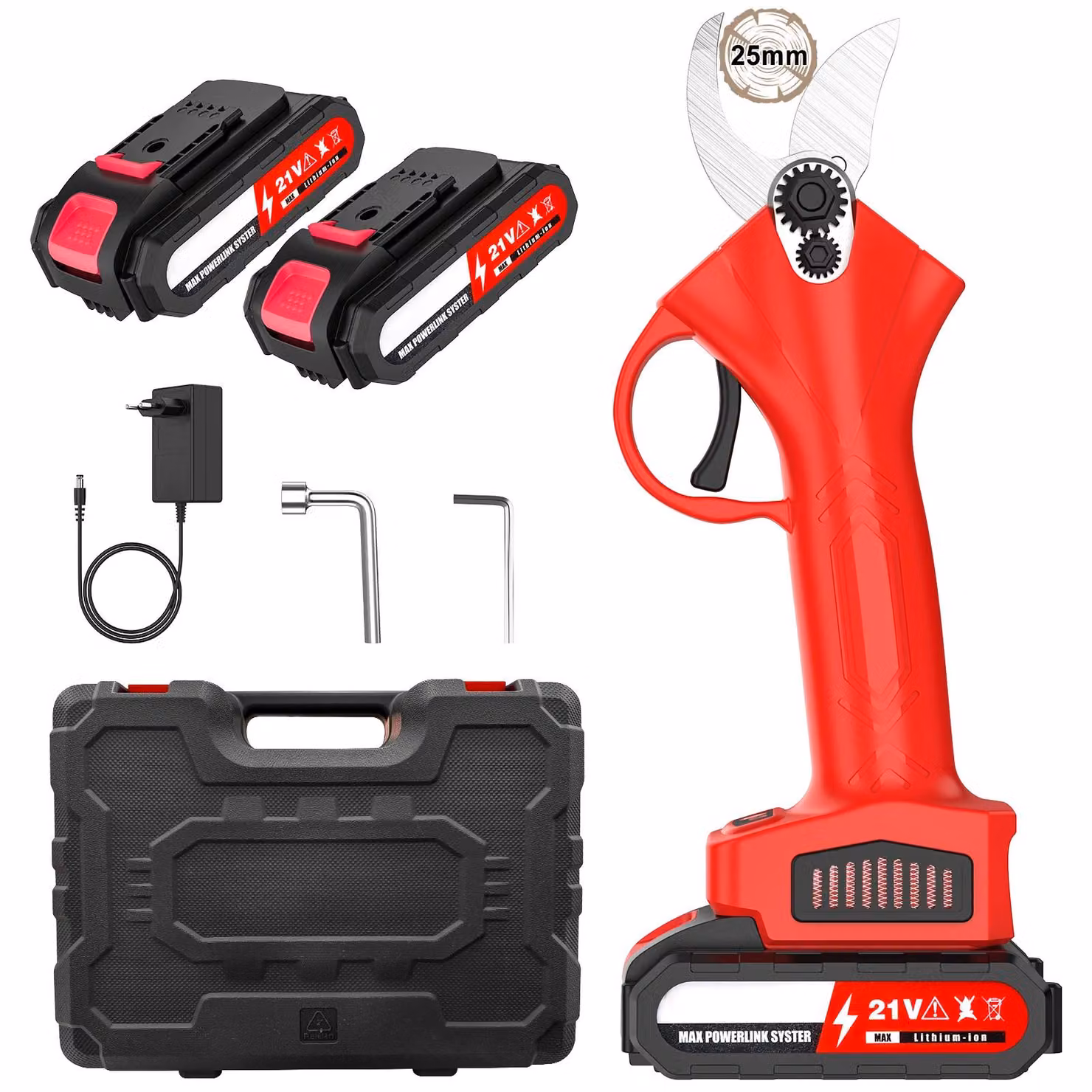 Forbice elettrica da giardino, modello manuale, 1200 W, motore brushless, alimentazione a batteria, 2 batterie incluse, olio per giardinaggio incluso