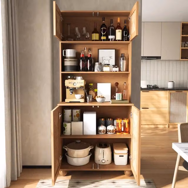 Credenza Alta in Legno 180 cm con Ante in Rattan; Mobile Soggiorno 3 Sezioni in MDF Naturale
