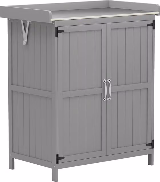 Armadietto da esterno Outsunny in legno con mensola e 2 ante per giardino e patio, Grigio