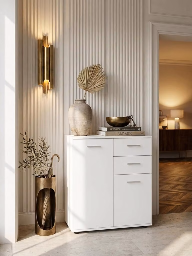 Comò con ante e cassetti 71x78x35,5 cm Armadio in legno bianco, Armadio da ingresso moderno chiaro, Armadio multiuso piccolo, Credenza Sideboard opaca, Comò Arredamento da ingresso