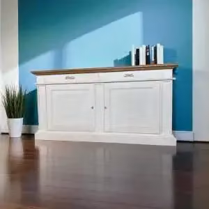 Credenza madia Alberta KIVIO in legno con 2 ante e 2 cassetti, finitura bianco anticato e noce scuro con rilievo – 2