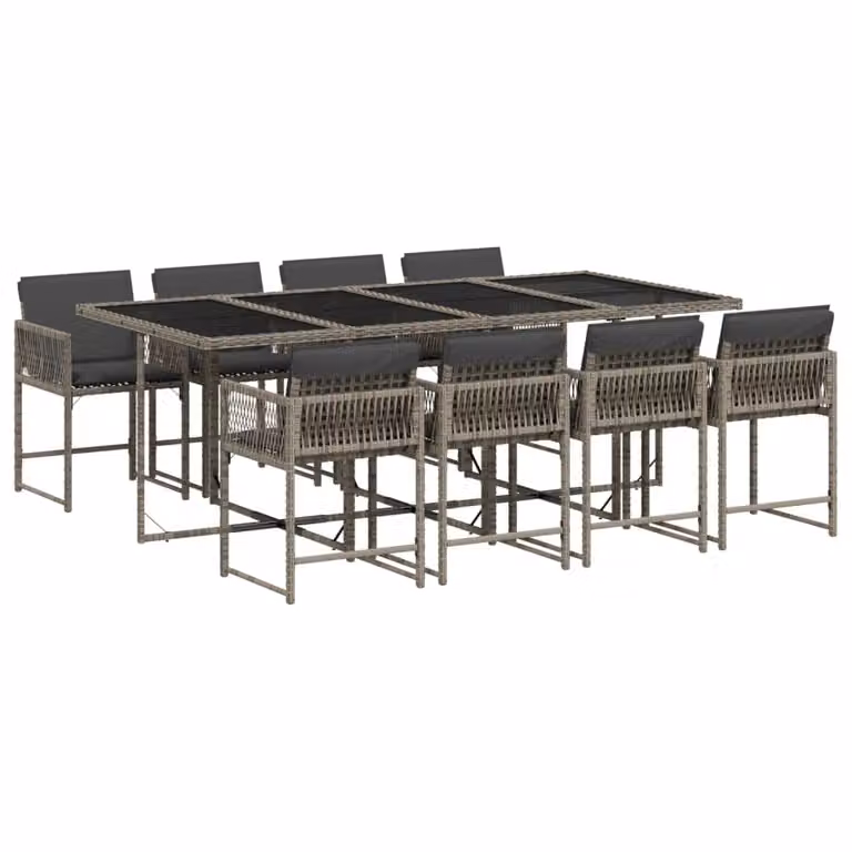 Set da Pranzo da Giardino 9 pz con Cuscini in Polyrattan Grigio