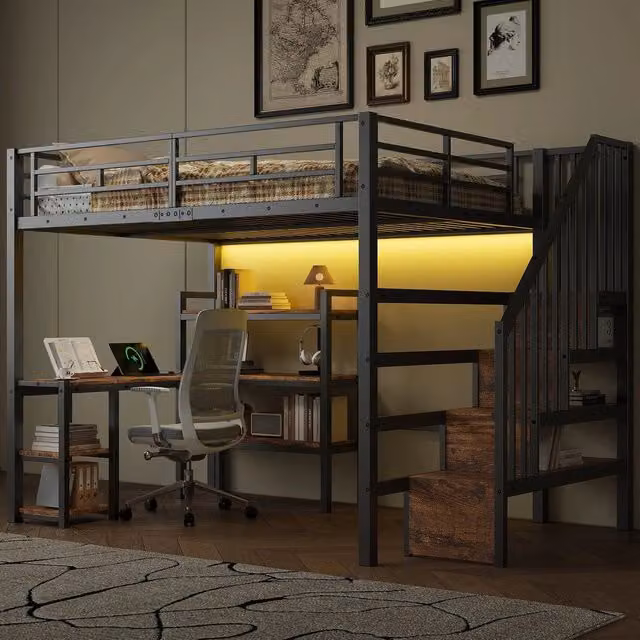 Letto a Soppalco con Scrivania, Cassetti, LED e USB ¨C Xylo ¨C Metallo Nero 140x200