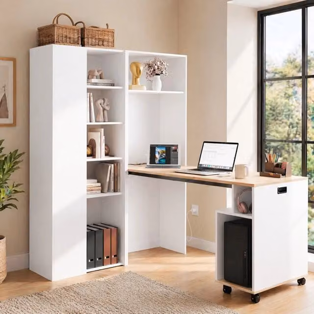 Scrivania pieghevole 2 in 1 con libreria, presa USB e anti-ribaltamento, per home office, bianca 104,5 × 30,5 × 160 cm