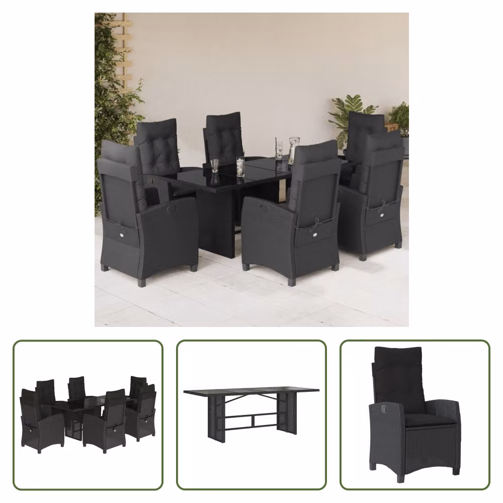 The Living Store Set da pranzo da giardino 7 pezzi con cuscini in polirattan nero