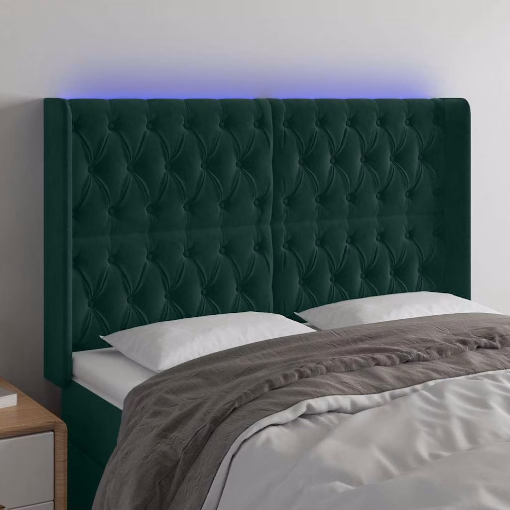 Testiera con LED e porta USB vidaXL in velluto verde scuro, L: 147 cm, P: 16 cm, H: 118/128 cm