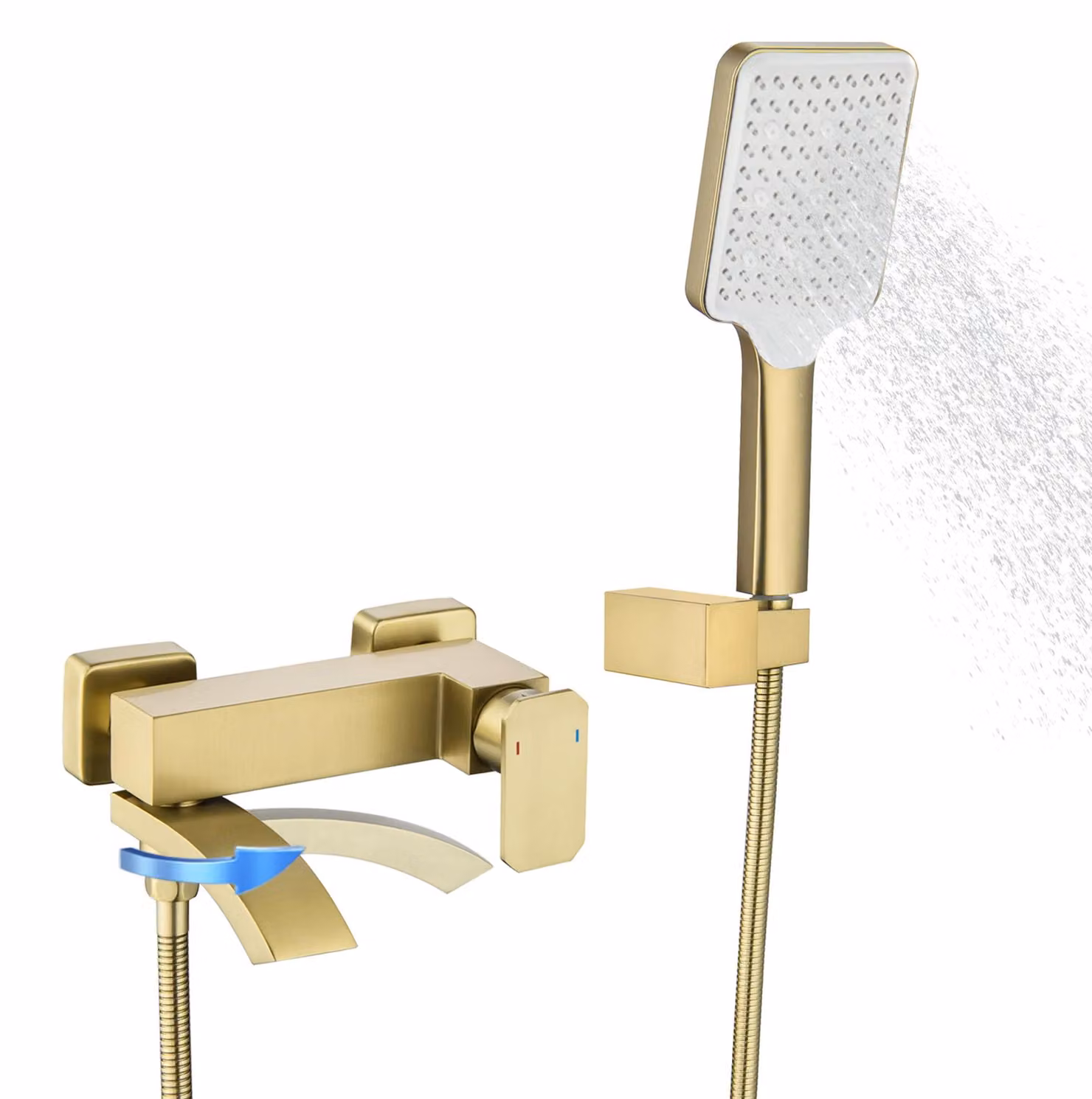Miscelatore per doccia a cascata con doccetta manuale, finitura oro spazzolato, rotazione di 90°
