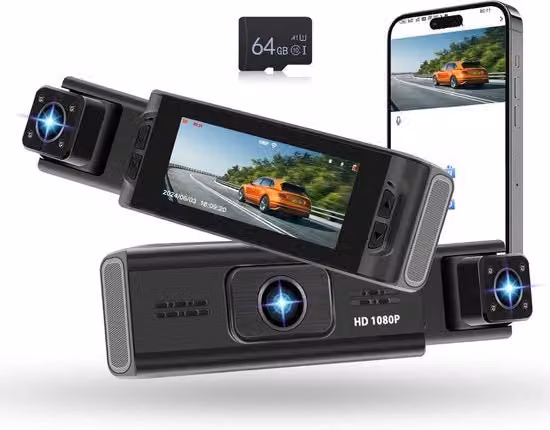 Dual Dashcam Full HD con Wi-Fi e Visione Notturna, Colore Nero