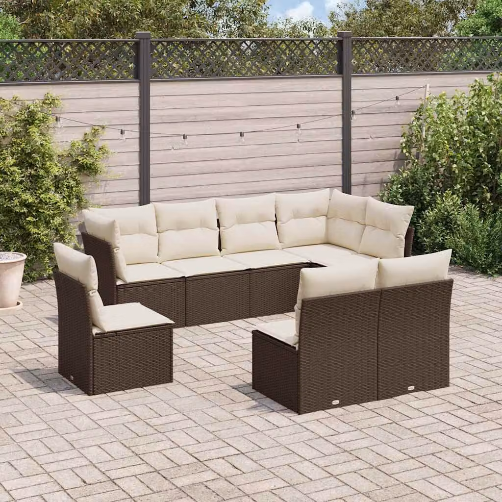 Set di divani da giardino vidaXL in polyrattan marrone con cuscini bianchi, composizione a L per esterno – 1