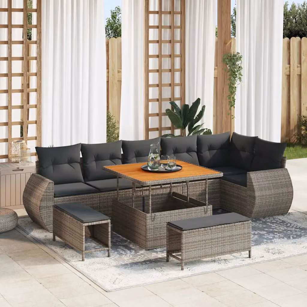 Set Divano da Giardino vidaXL 9 Posti Grigio con Cuscini e Tavolino in Rattan e Acciaio – 1