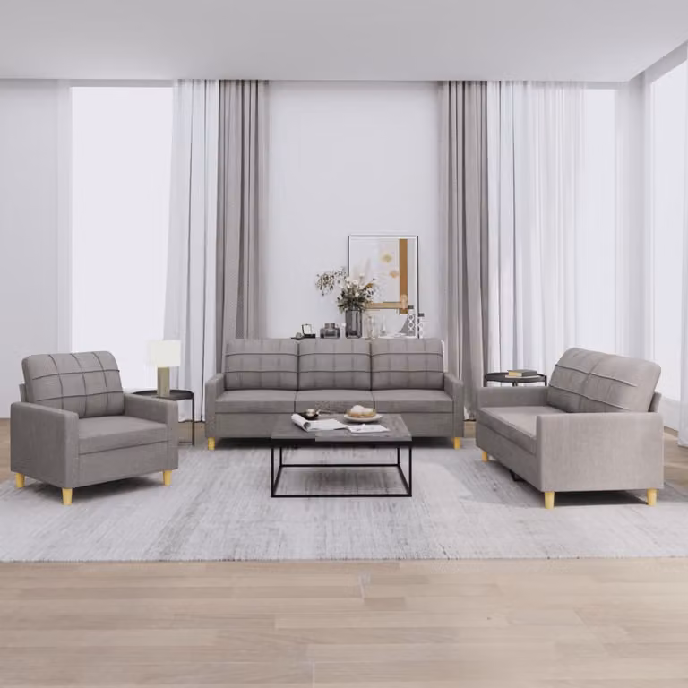 Set di divani vidaXL da 3 pezzi in tessuto beige e grigio con cuscini per soggiorno
