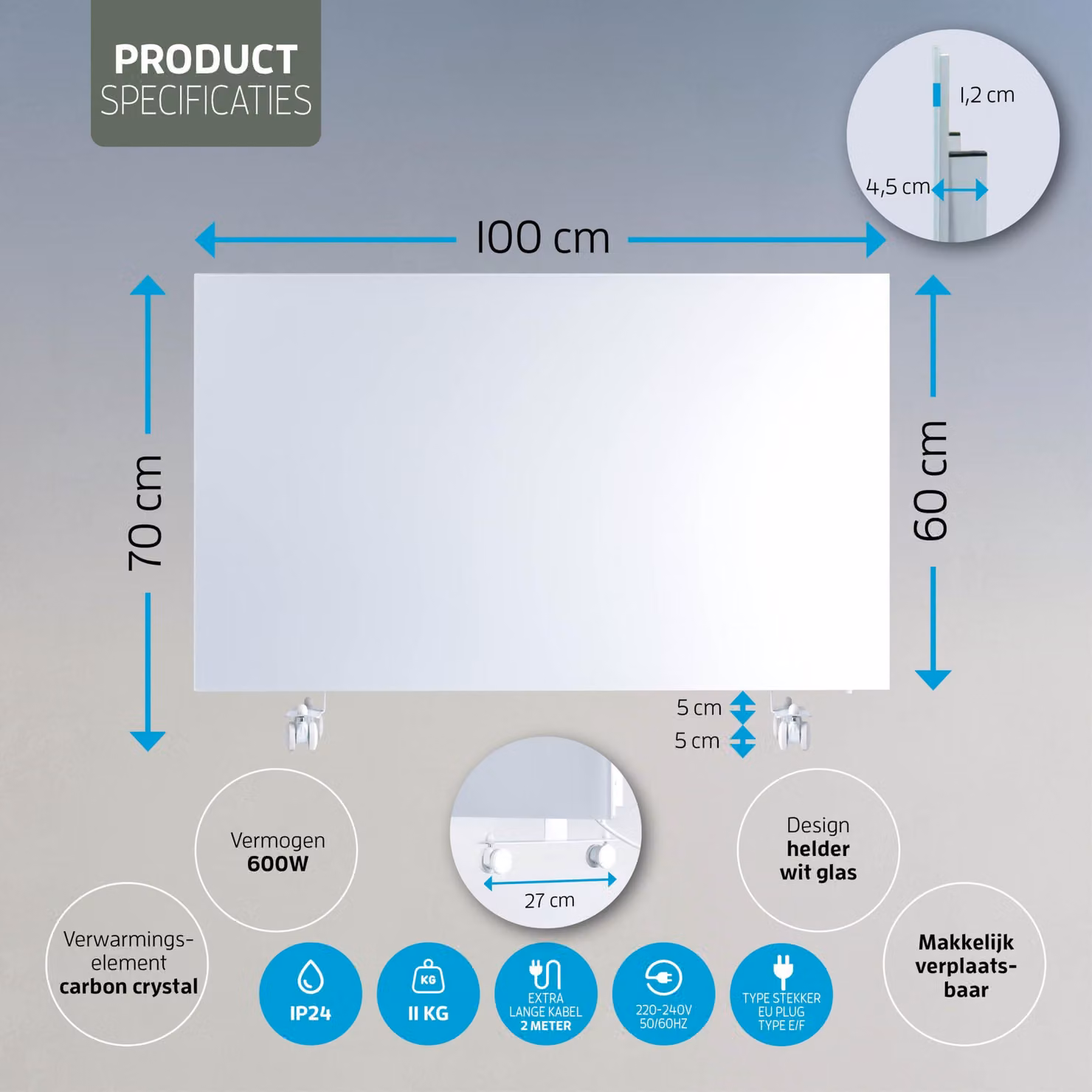 Pannello riscaldante a infrarossi da 600 Watt - 100x60 cm - Vetro bianco - Stufa elettrica