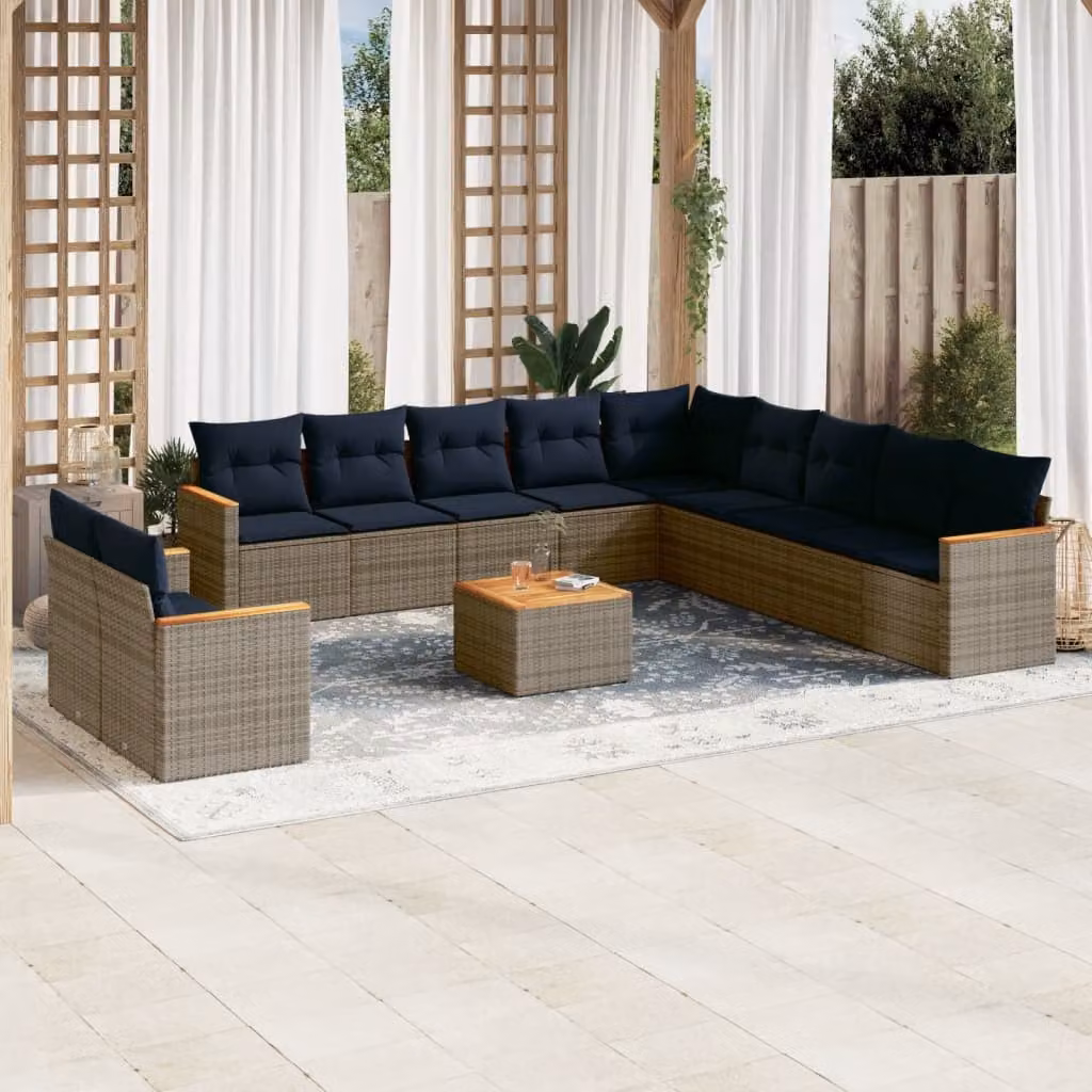 Set Divano da Giardino a L vidaXL 12 Pezzi con Tavolino e Cuscini, Polyrattan Grigio e Blu con Struttura in Acciaio e Legno di Acacia