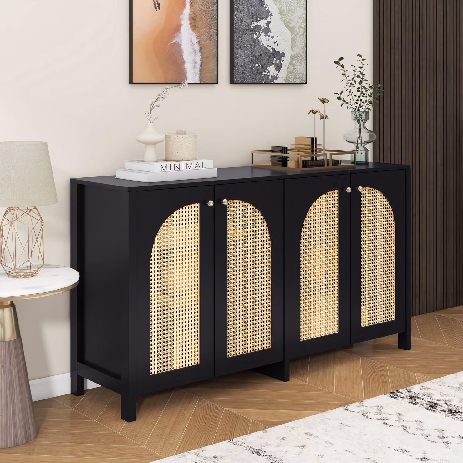 MODFU, Comodino/Mobiletto da cucina con 4 ante in rattan, Mobiletto per soggiorno con maniglie in metallo, Credenza/Buffet 145x80x40 cm, Nero