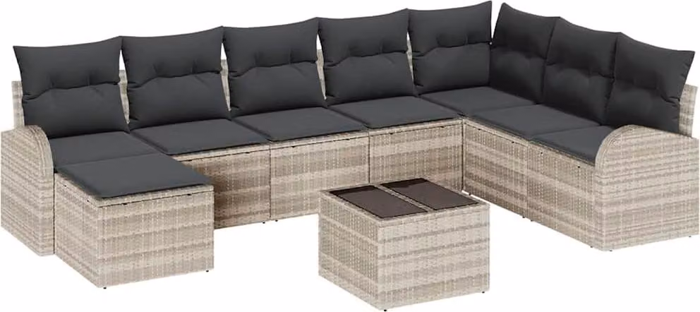 Set Divano da Giardino 9 pcs Grigio chiaro Poly Rattan