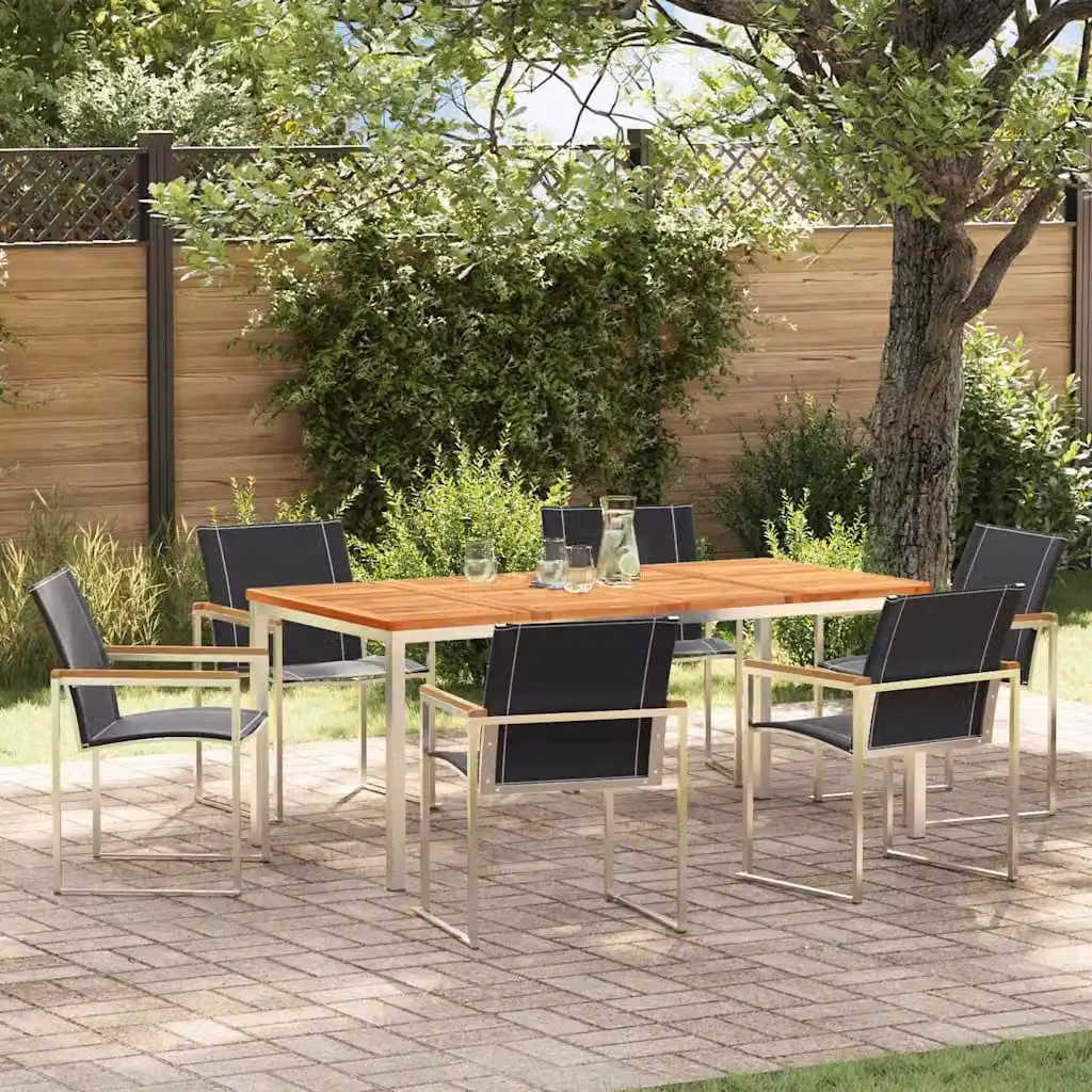 Set da pranzo per giardino e terrazzo vidaXL in legno di acacia e acciaio inossidabile marrone, 7 pezzi