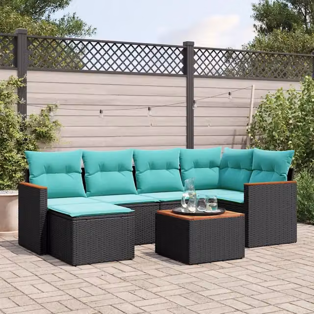Set Divani da Giardino 7 pz con Cuscini Nero in Polyrattan 3226183