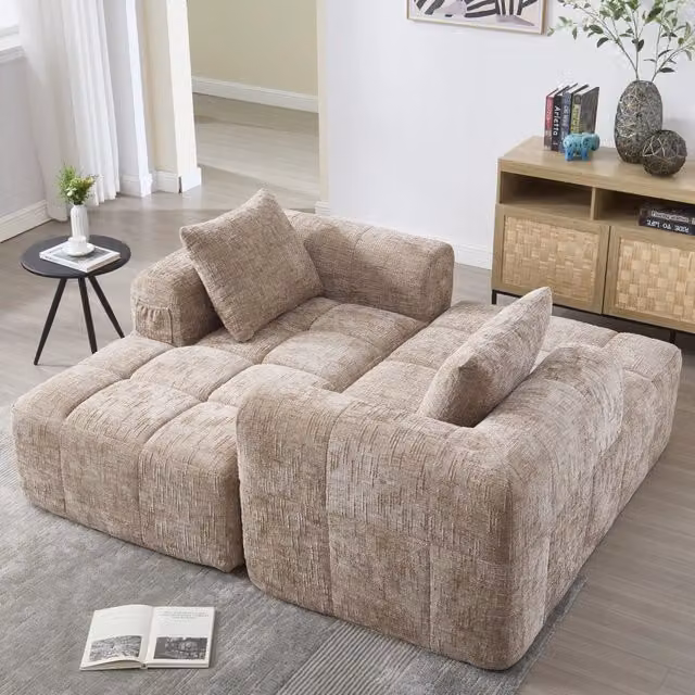 Divano angolare a L 3 posti senza montaggio con chaise longue; braccioli; 3 cuscini e tasca laterale; ciniglia; kaki