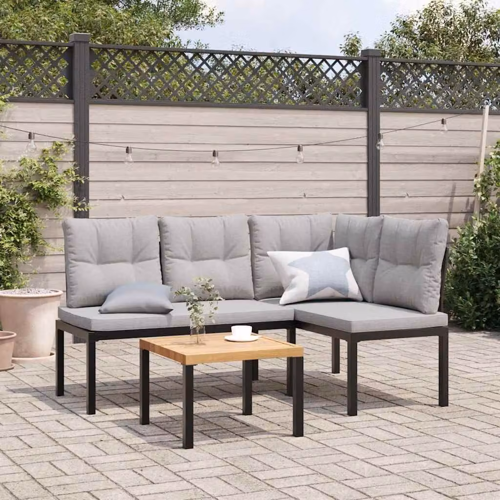 Set di 2 panche da giardino vidaXL in acciaio verniciato nero e cuscini grigi per esterno e terrazza