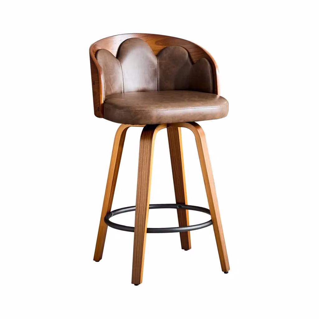 Sgabello da bar moderno con schienale a fiore e poggiapiedi in legno curvato e similpelle marrone – 2