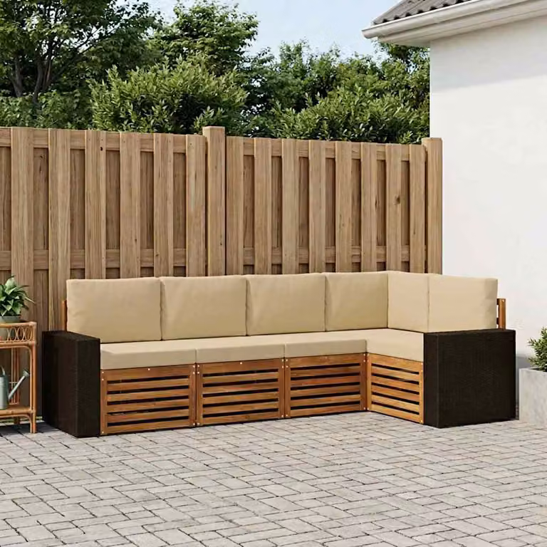 vidaXL Set di divani da esterno 5 pz in legno di acacia con cuscini beige e bianco