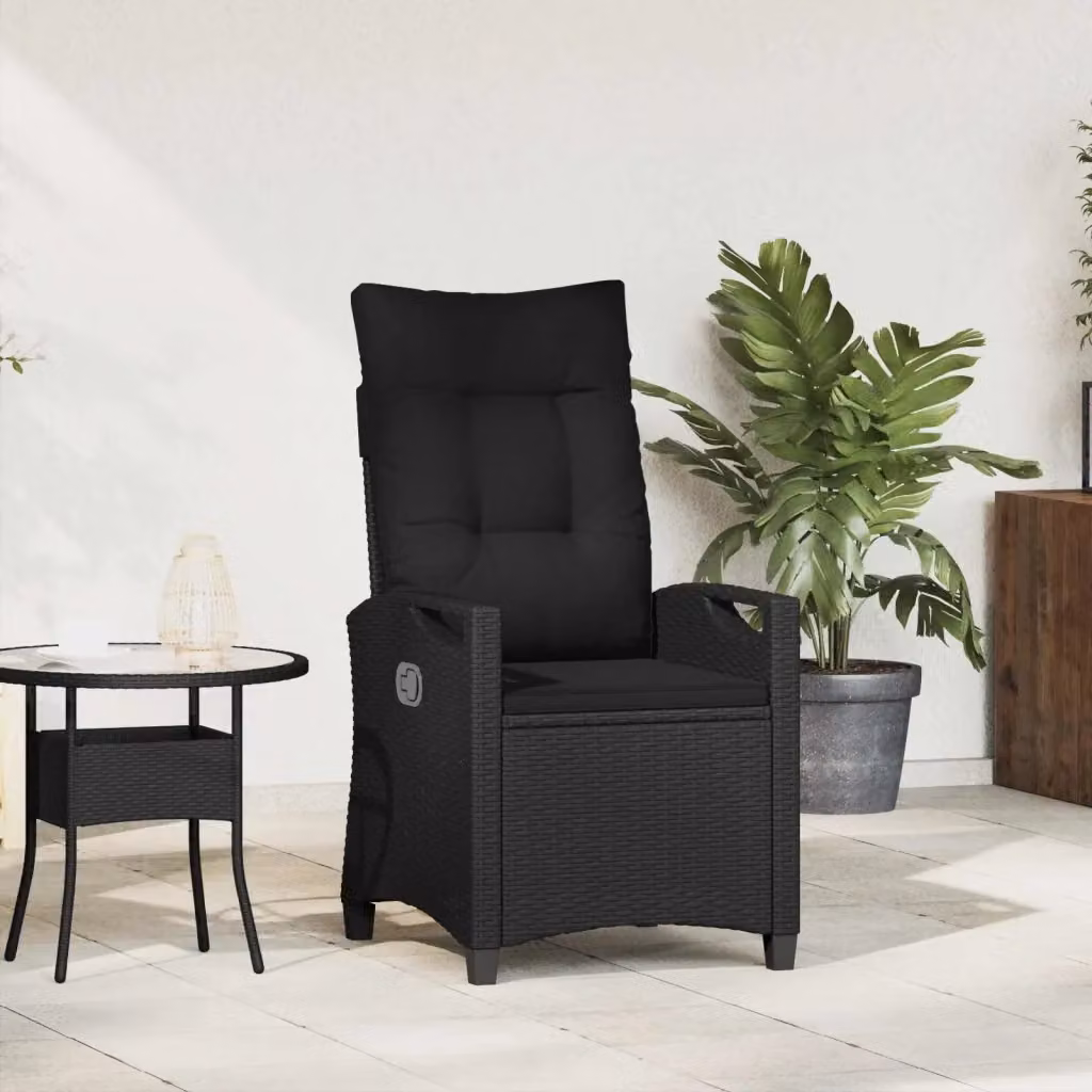 Sedia da giardino reclinabile in polyrattan nera con cuscini e braccioli L/P/H: 56 x 60 x 112 cm – 2