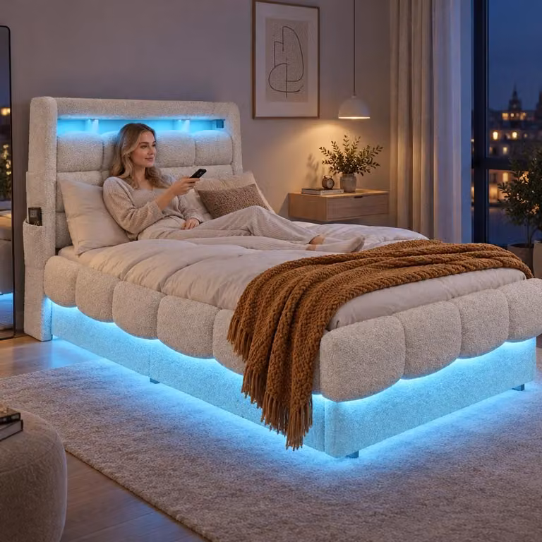 Letto imbottito INONEFT 90x200 cm con LED, letto per ragazzi/bambini con spazio contenitore, letto matrimoniale con spazio contenitore e rete a doghe, struttura in morbida microfibra effetto peluche, color beige