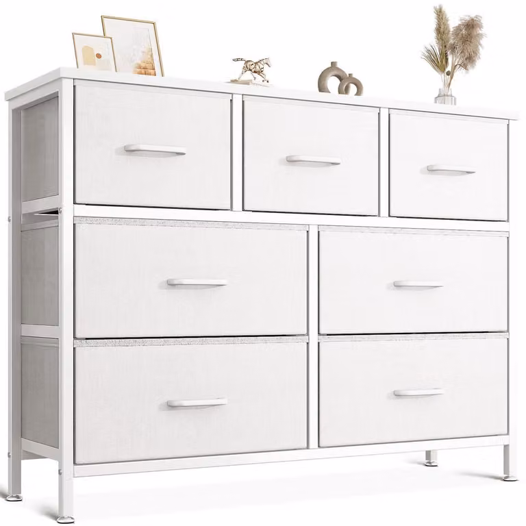 Comodino con 7 cassetti rivestiti in tessuto, struttura in acciaio, piedini regolabili, colore bianco, dimensioni 100 x 30 x 77 cm