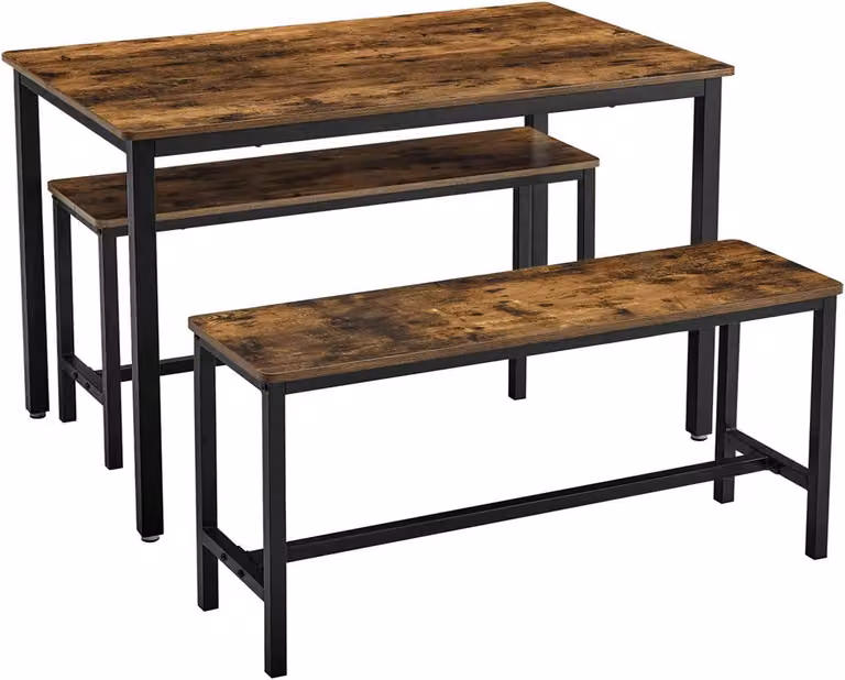 Tavolo da pranzo con 2 panche - Set da pranzo - Tavolo da cucina 110 x 70 x 75 cm - Piano in truciolato effetto vintage - Struttura in metallo nero opaco