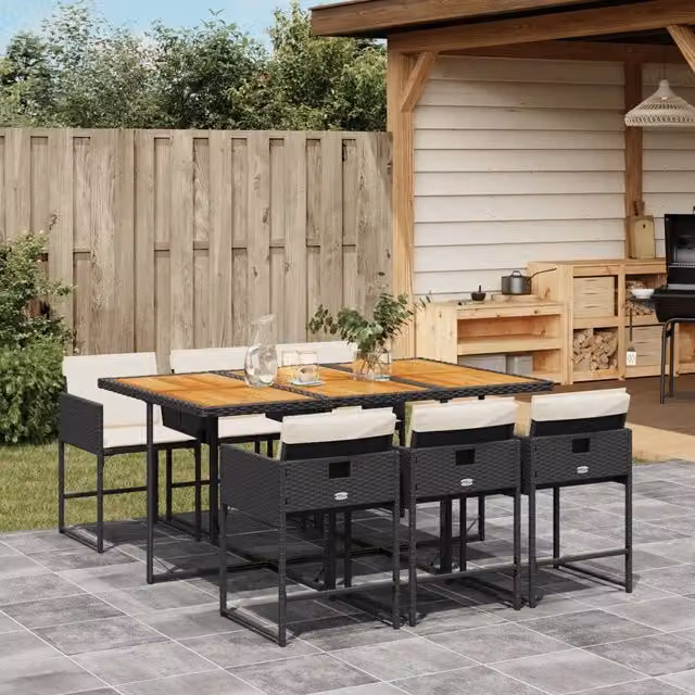 Set da Pranzo da Giardino 7 pz Nero con Cuscini in Polyrattan 3278042