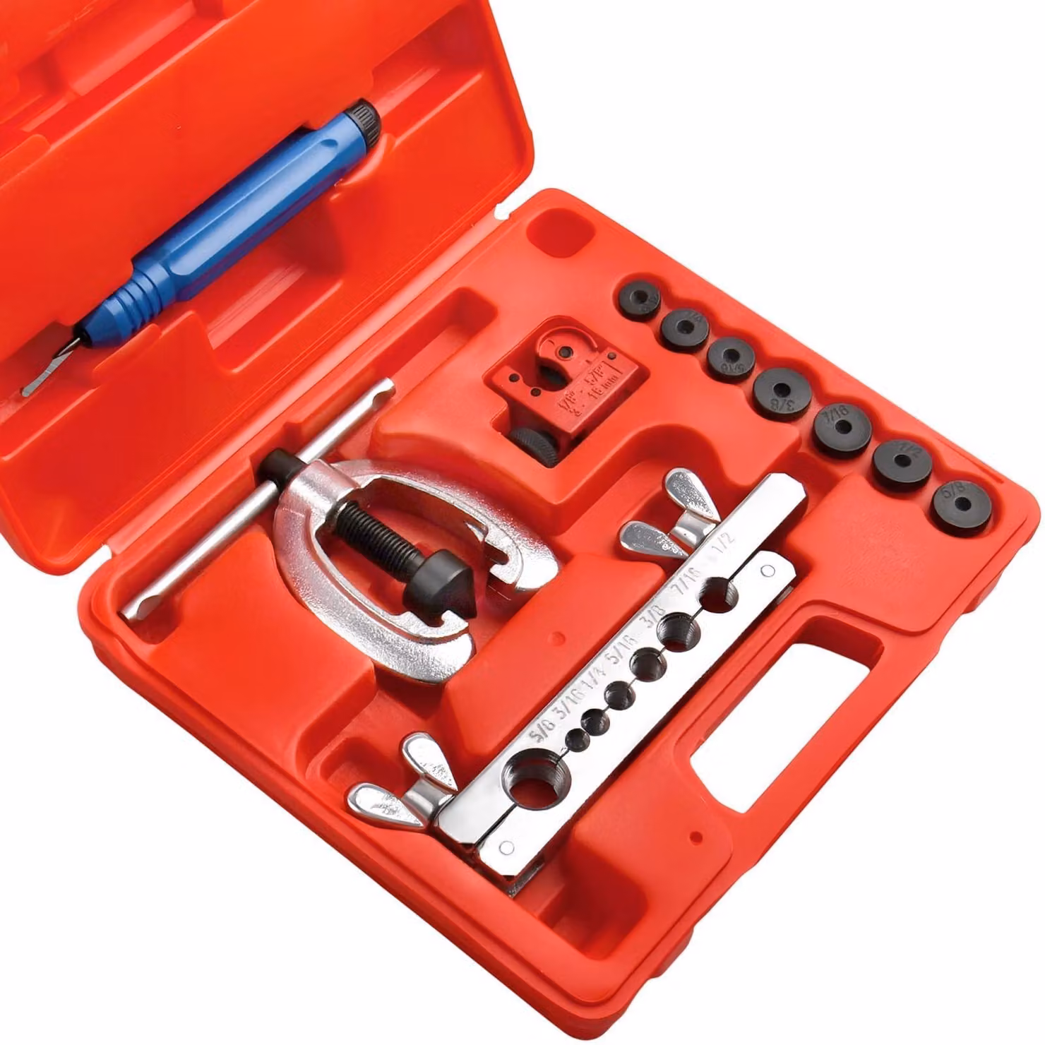 KIT professionale per la realizzazione di raccordi a cono per tubi freno, compatibile con tubi di rame, alluminio e ottone, da 1/4" a 5/8". Include un utensile per la formatura dei raccordi, un mini tagliatubi e 7 adattatori. Fornito in una custodia di tr
