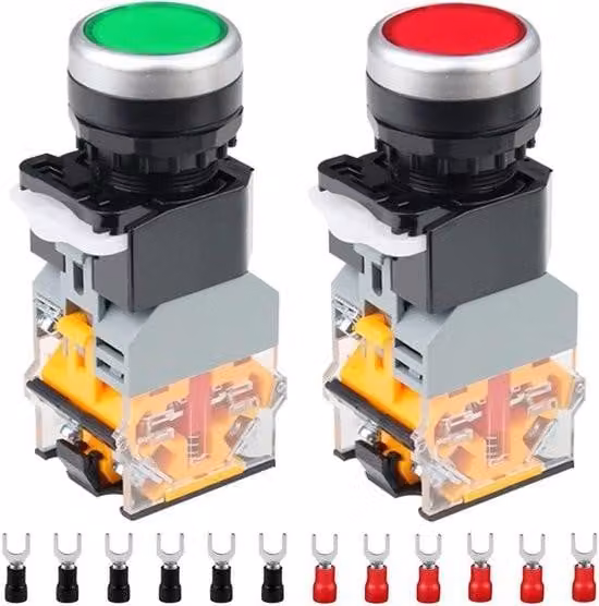 220 V, pulsante a impulso da 22 mm, 10 A, 2 colori (rosso/verde), LA38-11DN, 1 contatto di apertura, 1 contatto di chiusura, indicatore LED - Set da 2 con 20 morsetti a forcella