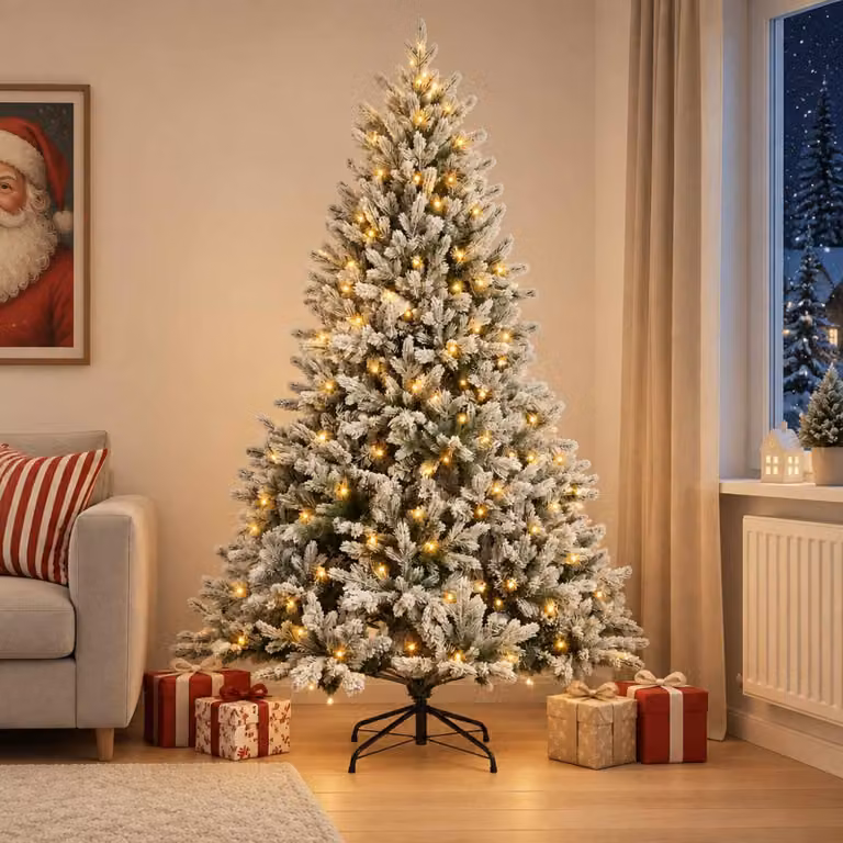 Albero di Natale artificiale pieghevole, altezza 210 cm, con 300 luci a LED