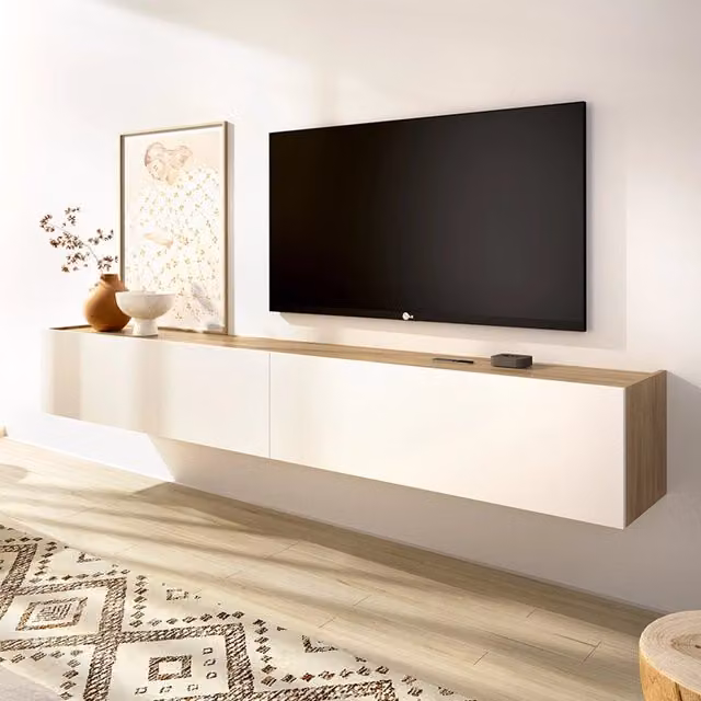 Bigfork Mobile Porta TV Moderno DMORA con un Ripiano, Bianco e Legno, L 180 x P 35 x H 29 cm