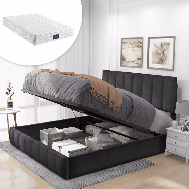 Letto a molle idrauliche Merax 140x200cm con rete, letto matrimoniale in lino con materasso a molle, letto imbottito con rete a doghe e contenitore, grigio