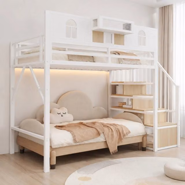Letto a soppalco singolo moderno con scala contenitore, vani laterali e luce LED, bianco, 90x200 cm