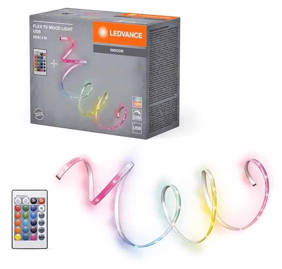 Striscia LED flessibile Ledvance per TV, 1,5 metri, 4W, RGB, alimentazione USB, grado di protezione IP20, con telecomando