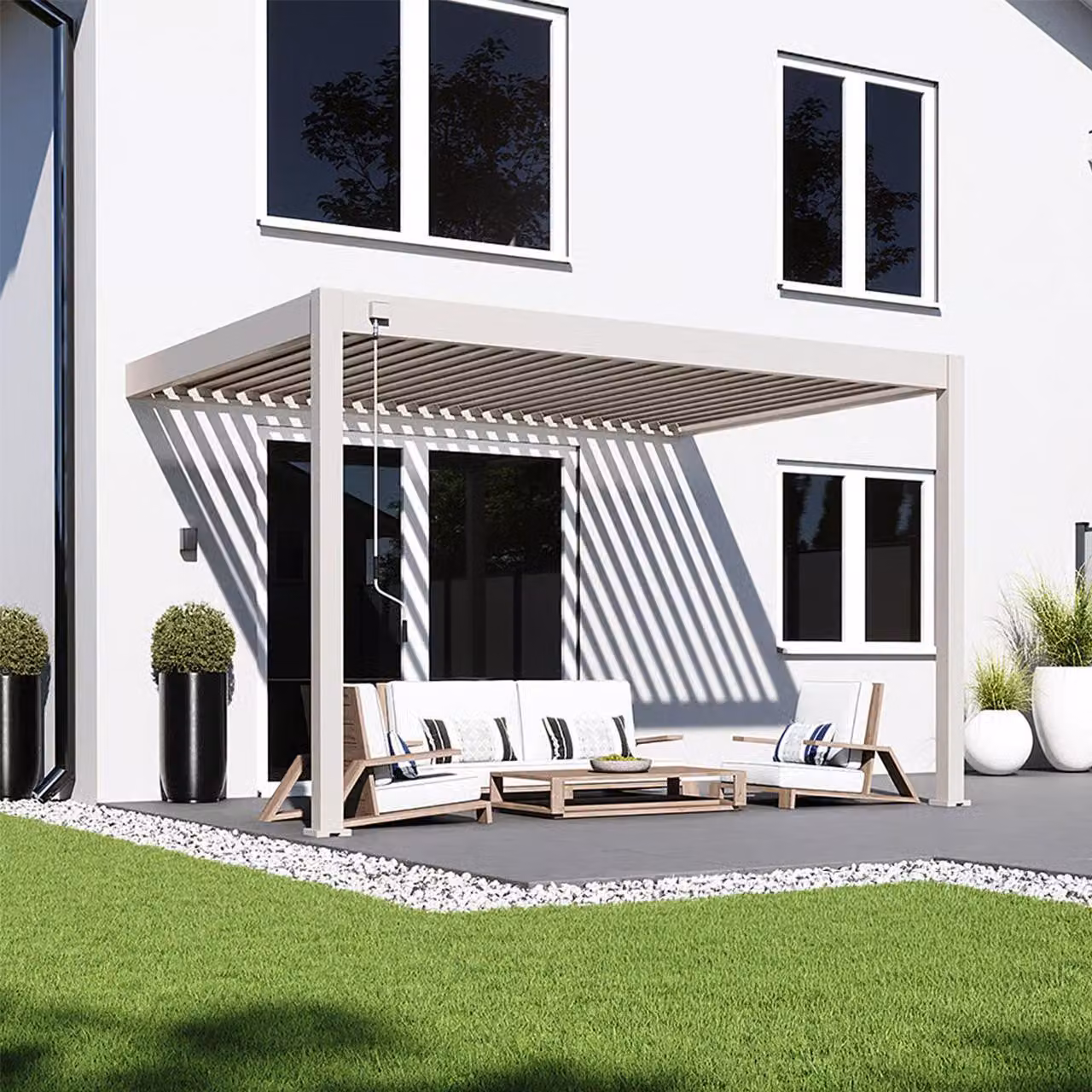 Pergola da parete Weide Deluxe interamente in alluminio 3x4 m con tetto a lamelle color Ivory Sand
