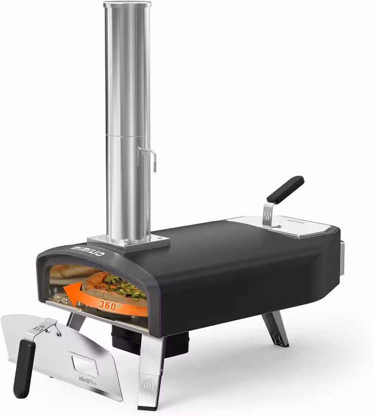 Forno per pizza con funzione rotante e pietra refrattaria rotonda da 33 cm, stufa a legna per pizza, adatta per carbone e legna, forno per pizza da esterno, ideale per giardino, campeggio, portatile