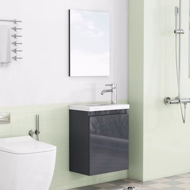 Mobiletto da bagno a parete da 40 cm, grigio lucido, con lavabo in ceramica e specchio, senza maniglie, cerniere con chiusura ammortizzata,