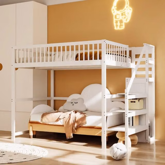 Letto a soppalco 140x200 in legno bianco con armadio e scala integrata