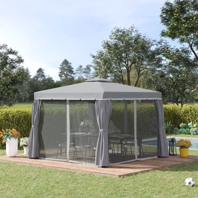 Gazebo da giardino con tetto a doppio livello e zanzariere rimovibili in alluminio grigio scuro 2,96 × 2,96 m