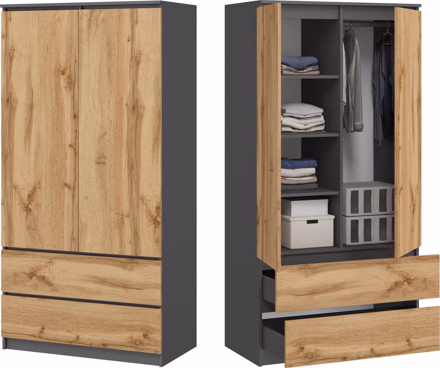 BDW, Armadio Monia, con 2 cassetti, antracite / rovere Wotan, 50Dx90Lx180H cm (2 cassetti)