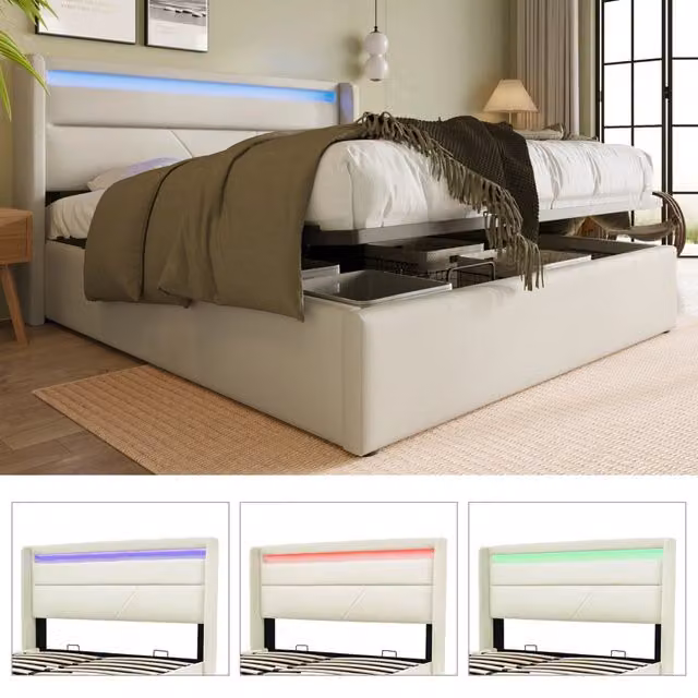 Letto Matrimoniale Contenitore 160x200 cm in Ecopelle Bianco con Testiera LED e Telecomando
