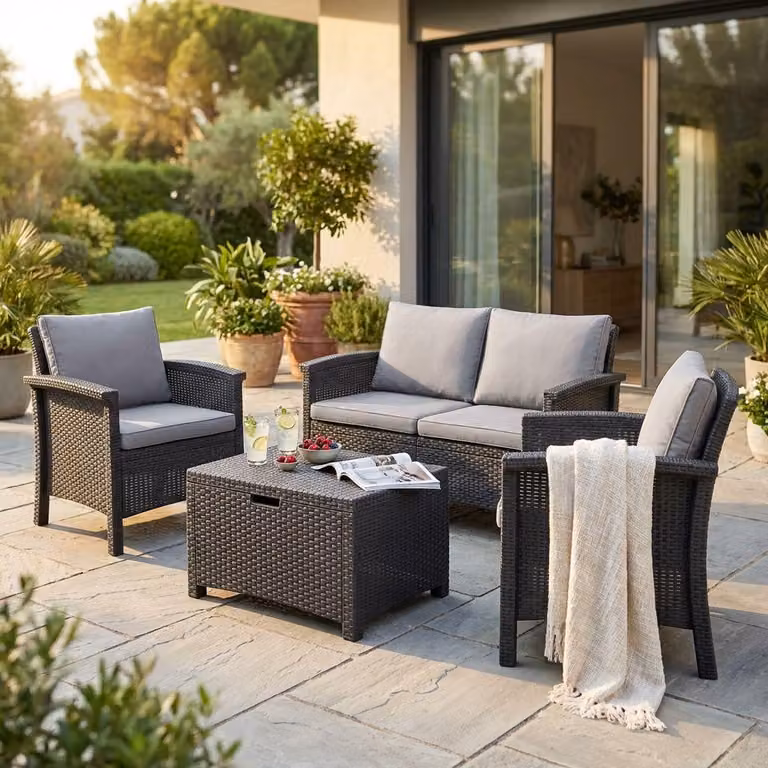 Milani Home - salotto da giardino in resina rattan effetto wicker nero, set lounge 4 posti con tavolino per terrazzo e portico