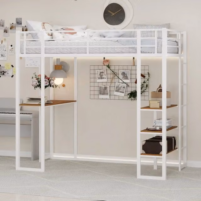 Desviae Letto a soppalco in ferro bianco con scrivania inferiore scale su entrambi i lati e struttura a doppio sostegno