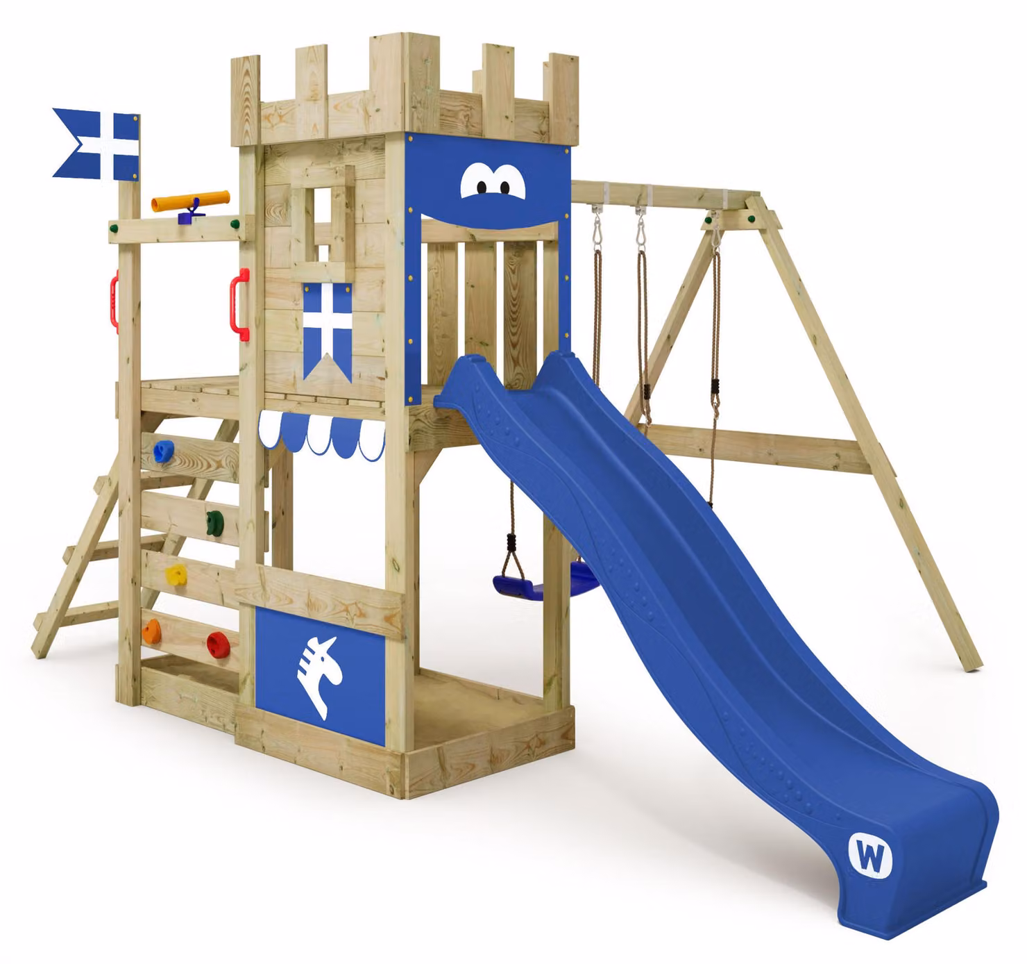 Torre giochi Wickey RoyalFlyer con altalena e sabbiera in blu